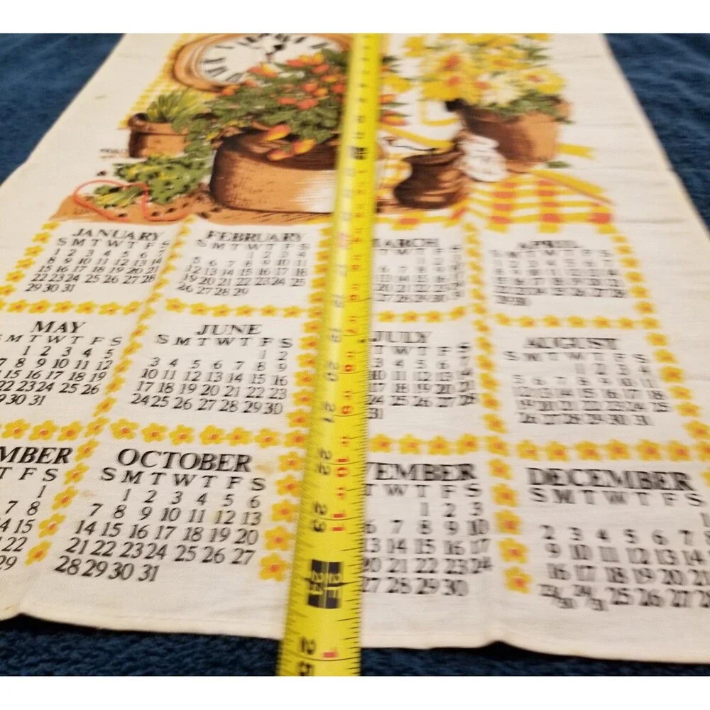 Vintage linen tea towel calendar flowers in vase and clock 1984 new old stock
